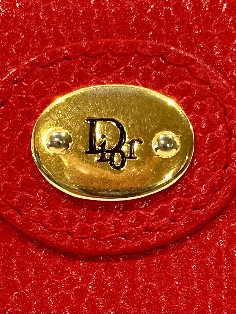 Dior Red Pebbled Leather Compact Coin Purse Wallet with Gold Hardware
